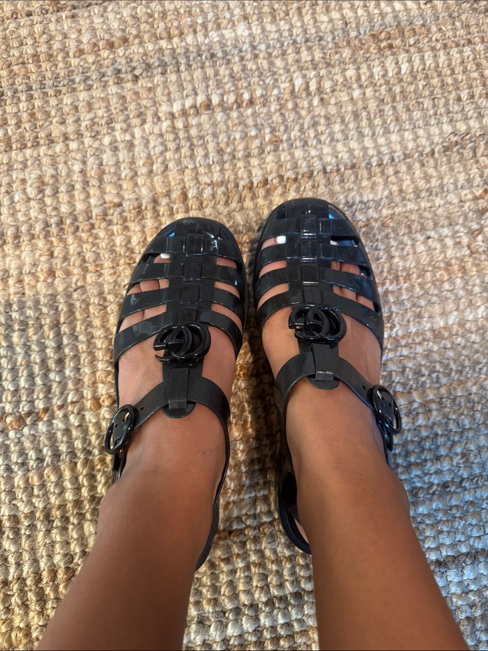 Black Women's Jelly Sandals with Decorative Buckle
